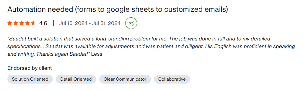 Upwork review — Medical CRM Automation